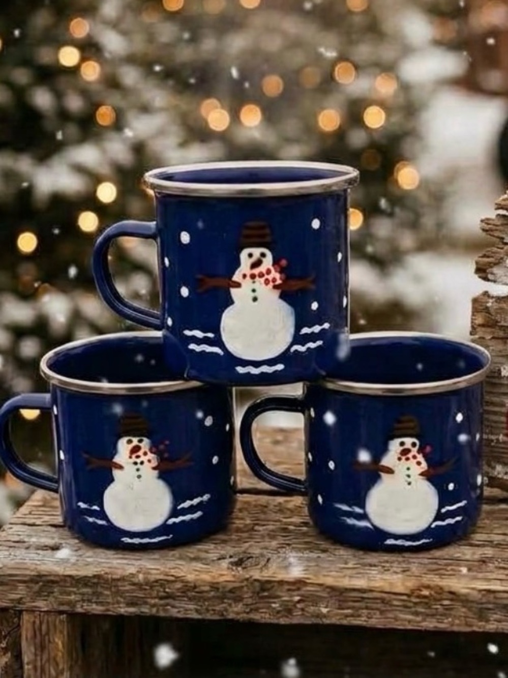 Vintage 90s Golden Rabbit Enamel Snowman Mugs Set of 3